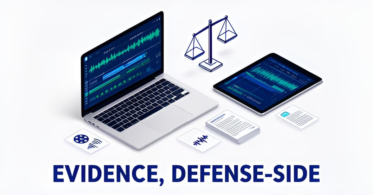 Flat illustration of a digital evidence workspace with video timelines and document icons in blue and teal, headline reading Evidence, Defense-Side.
