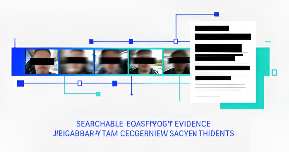 Flat illustration of redacted video frames and documents on a timeline, representing AI evidence redaction and search tools for defense teams.