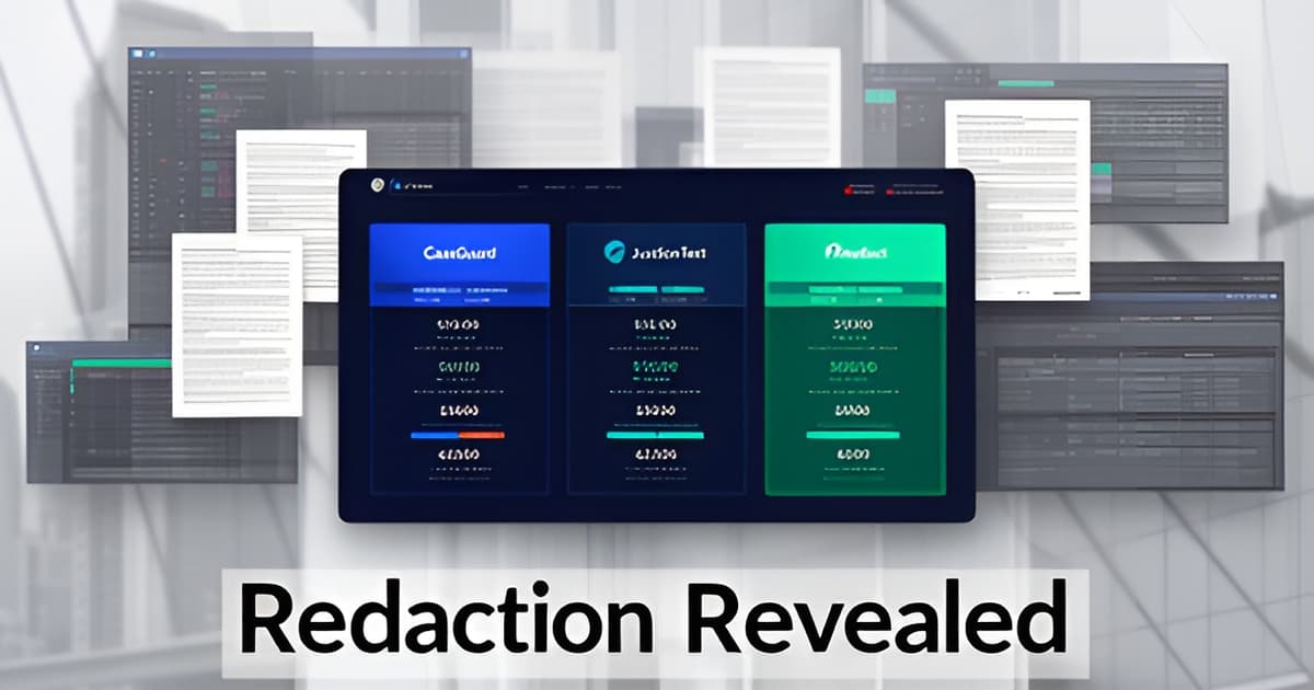A stylized illustration comparing redaction software costs for criminal defense teams with a modern workspace and cityscape background.