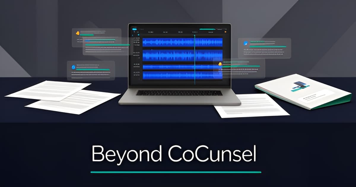 Flat illustration of a legal workspace with video timeline, transcripts, and evidence documents in blue and teal accents.