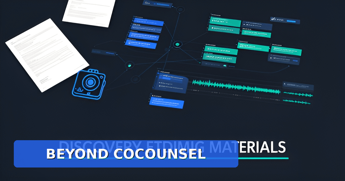 Flat illustration of discovery materials like bodycam footage and police reports organized into a searchable digital evidence workspace.