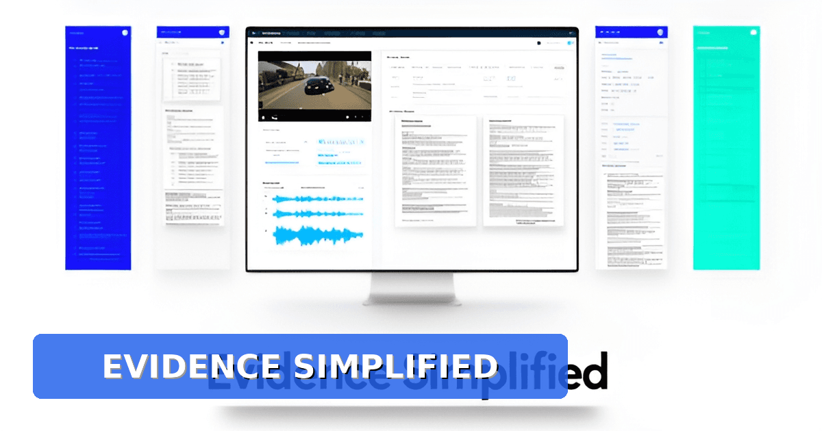 A digital workspace for evidence management with bodycam video, police reports, and transcription screens.
