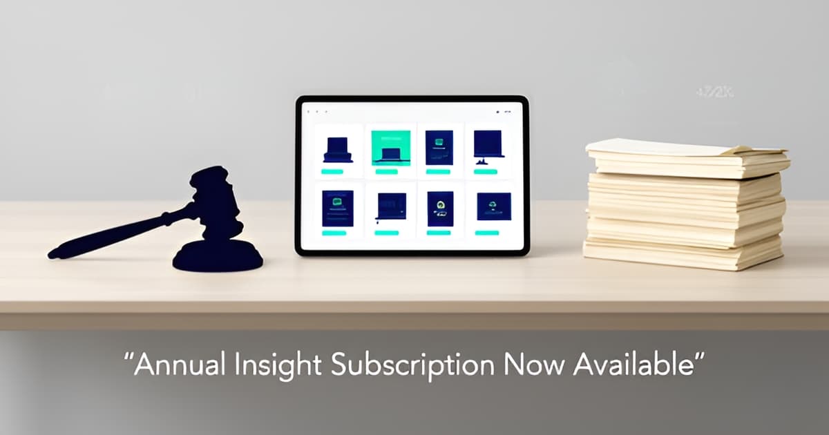 Flat illustration of a tablet with courtroom exhibits, gavel, and case files accented in blue and teal, with a headline about TrialPad 2026 pricing.