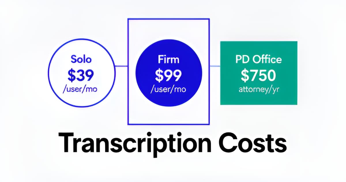 Flat illustration of a legal transcription waveform turning into timestamped documents with pricing icons and the headline Not Free.