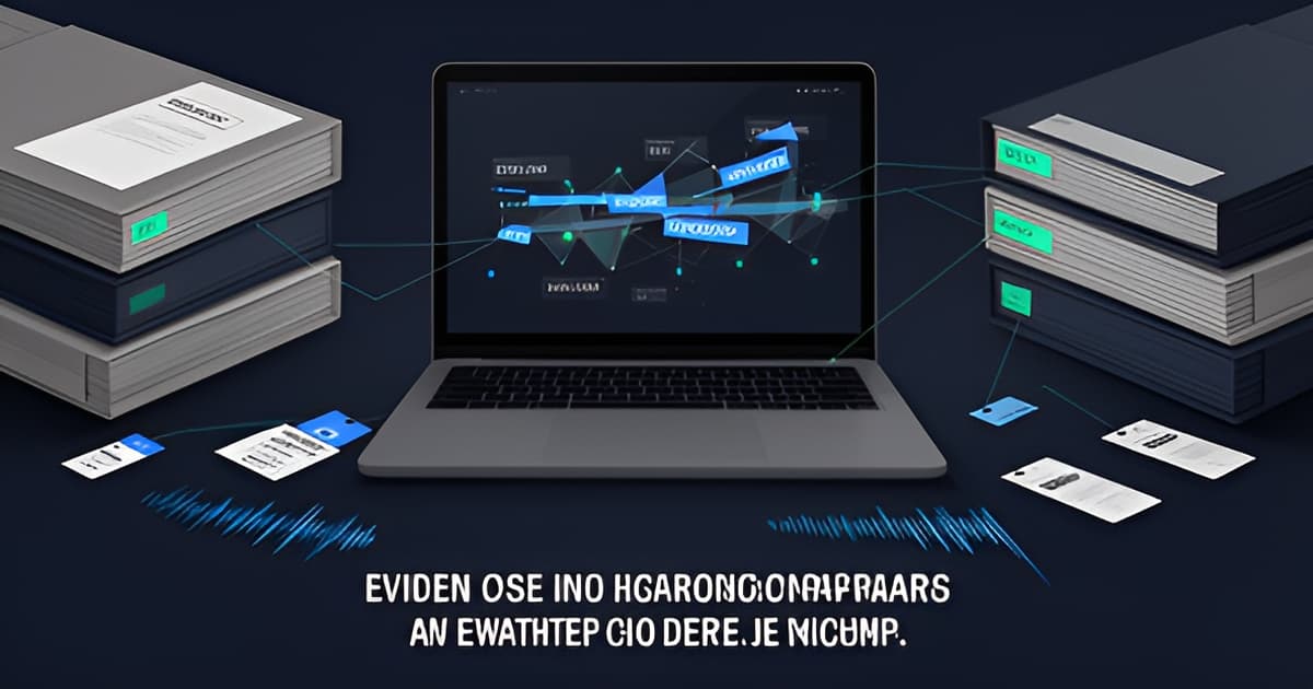 A modern illustration of a public defender's office workspace with AI-powered tools for case management and evidence review.