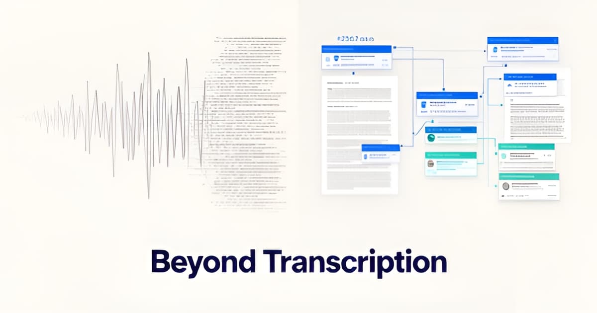 Flat illustration contrasting a plain audio waveform transcription with an organized, citation-linked legal evidence workspace in blue and teal.