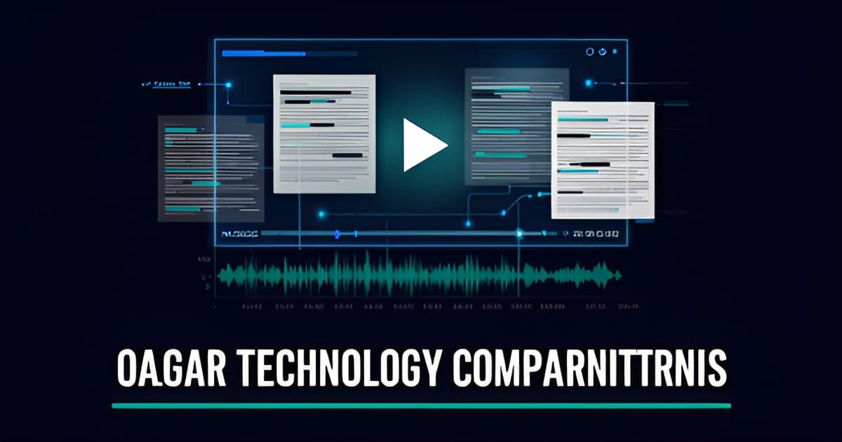 Flat illustration of a legal transcription workspace with waveform, timestamps, and evidence documents in blue and teal accents.